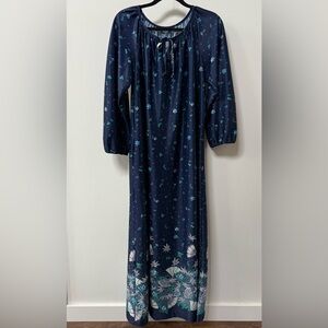 Vintage Sears Dress Caftan Hostess Style Lounge Large Blue Floral Fans Pocket‎